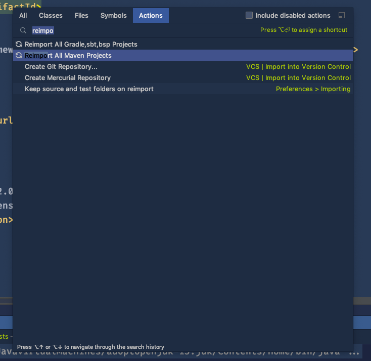 Search in actions for &quot;reimport All Maven Projects&quot;